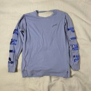 Victoria's Secret PINK Sequin Bling Logo Blue Long Sleeve Shirt Size medium